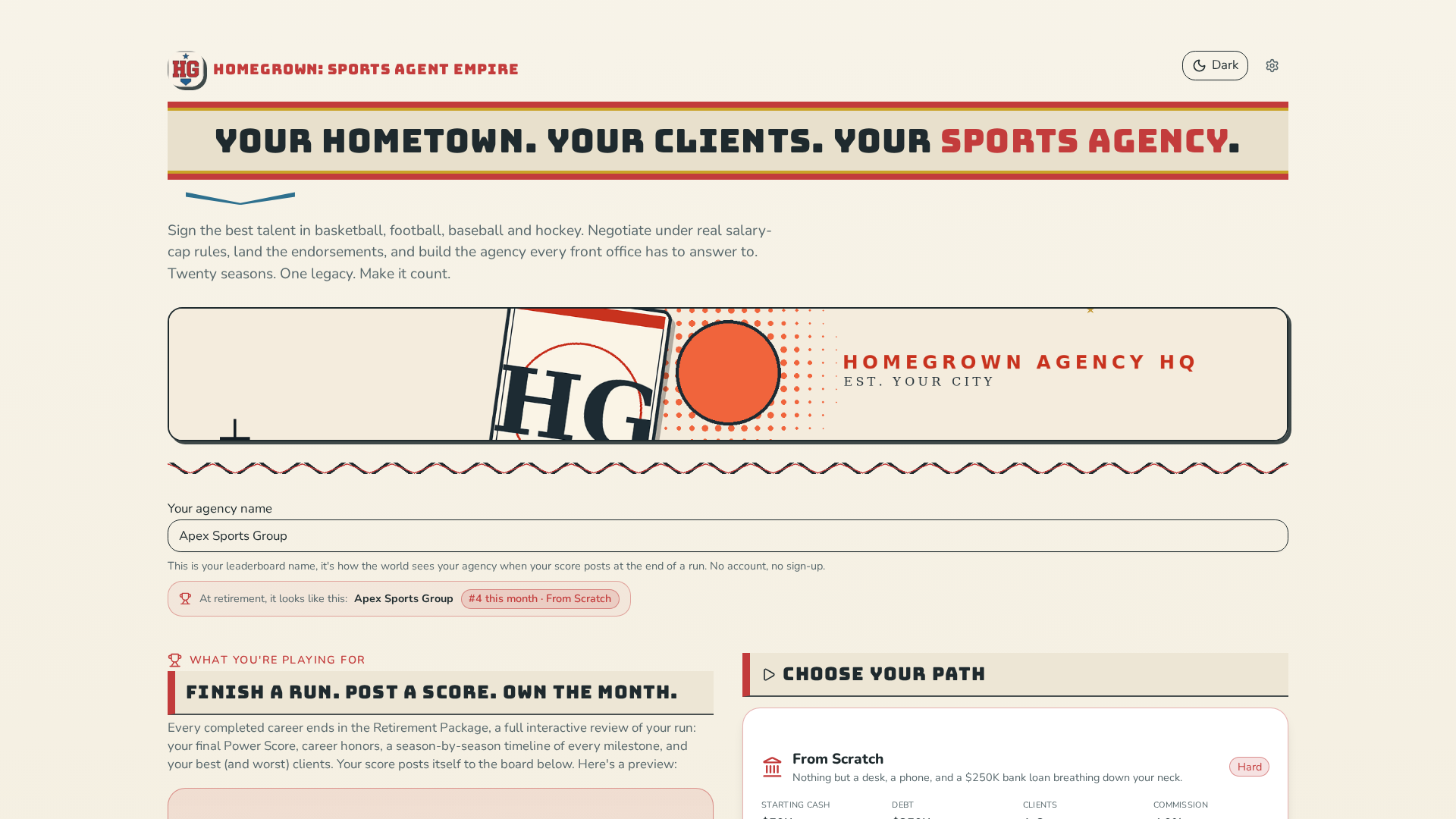 Agency home screen with cash, loan, income and power stats, client tabs and the live news wire
