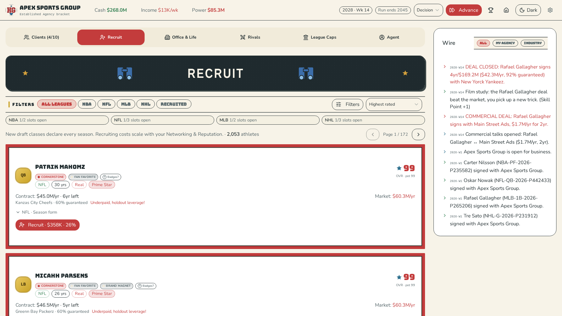 Recruit board listing draft prospects with ratings, badges, recruiting odds and the Recruited filter