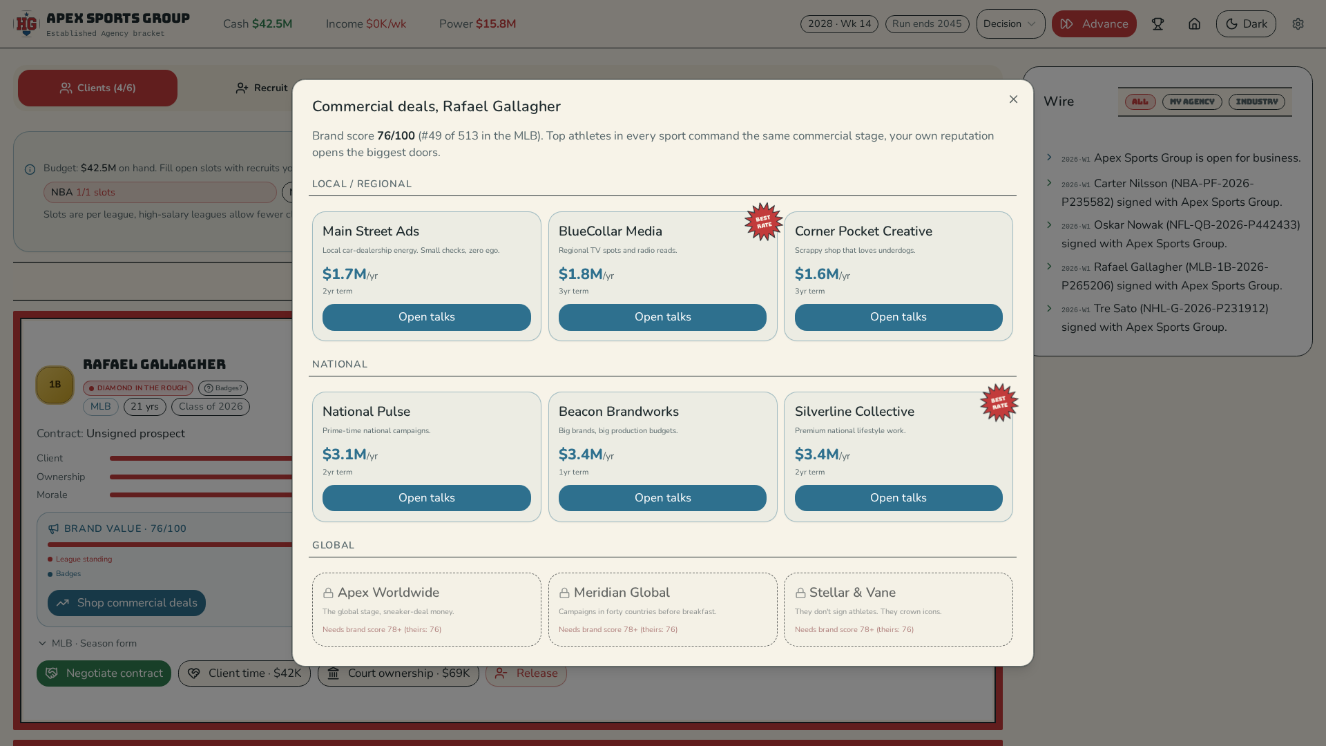 Endorsement shop with commercial deals, brand tiers and client fit ratings
