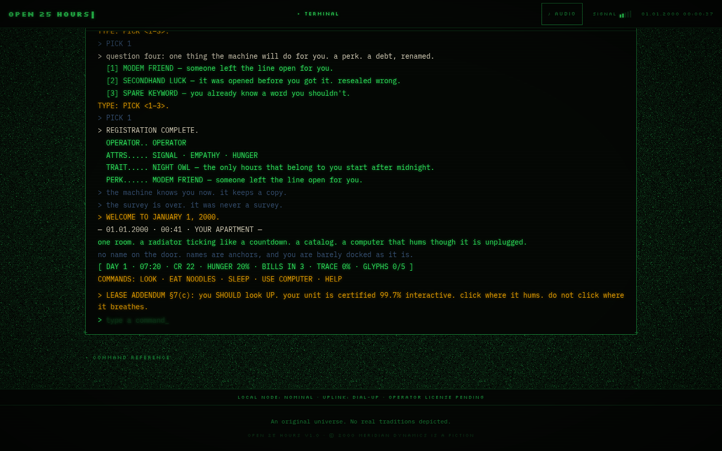 Terminal text describing a rented room on January 1, 2000