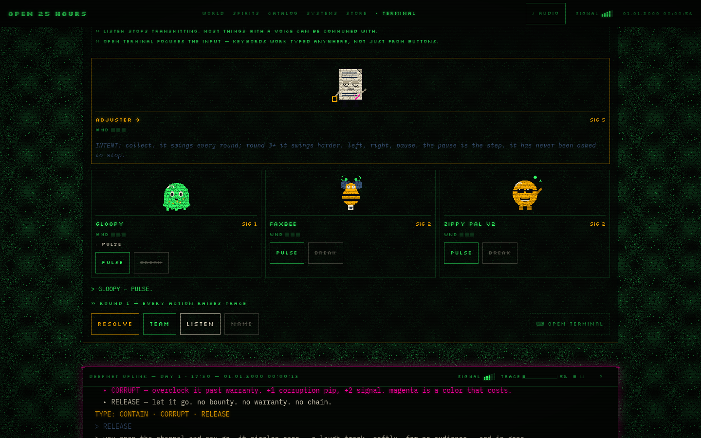 A signal-combat panel with three spirits and an enemy daemon card