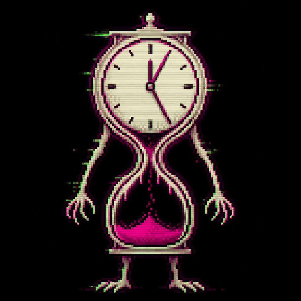 A pixel-art hourglass-clock daemon glowing magenta and bone