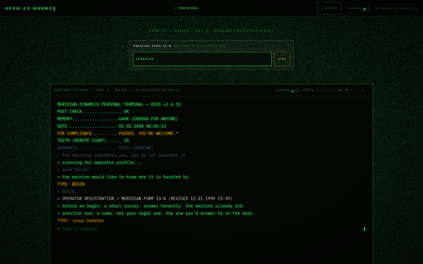 A green CRT terminal displaying FORM 13-B, a personality survey with numbered options