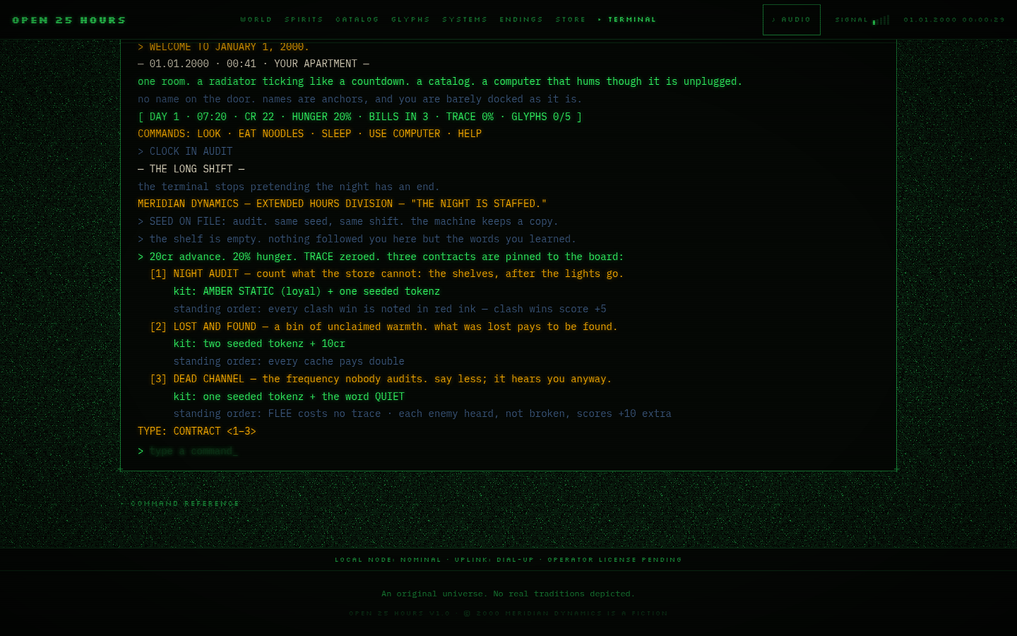 Terminal listing three contracts — NIGHT AUDIT, LOST AND FOUND, DEAD CHANNEL — with kits and standing orders
