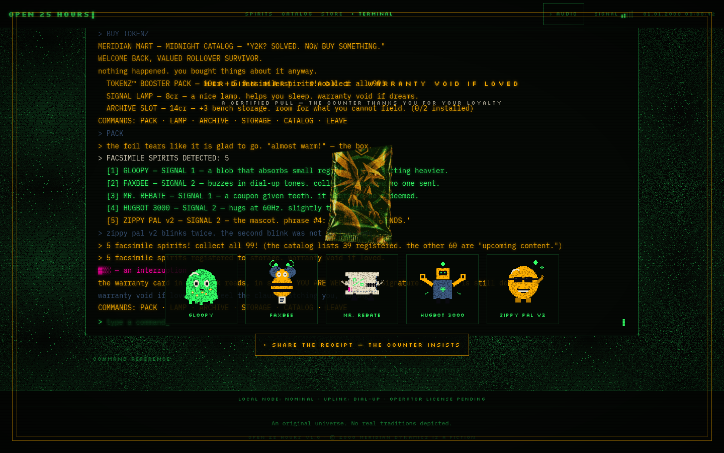 A gold-framed pack ceremony revealing five pixel-art TOKENZ spirits