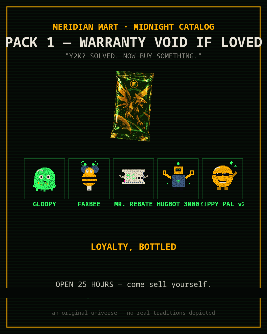 A certified pull card: PACK 1 — WARRANTY VOID IF LOVED, five spirits fanned